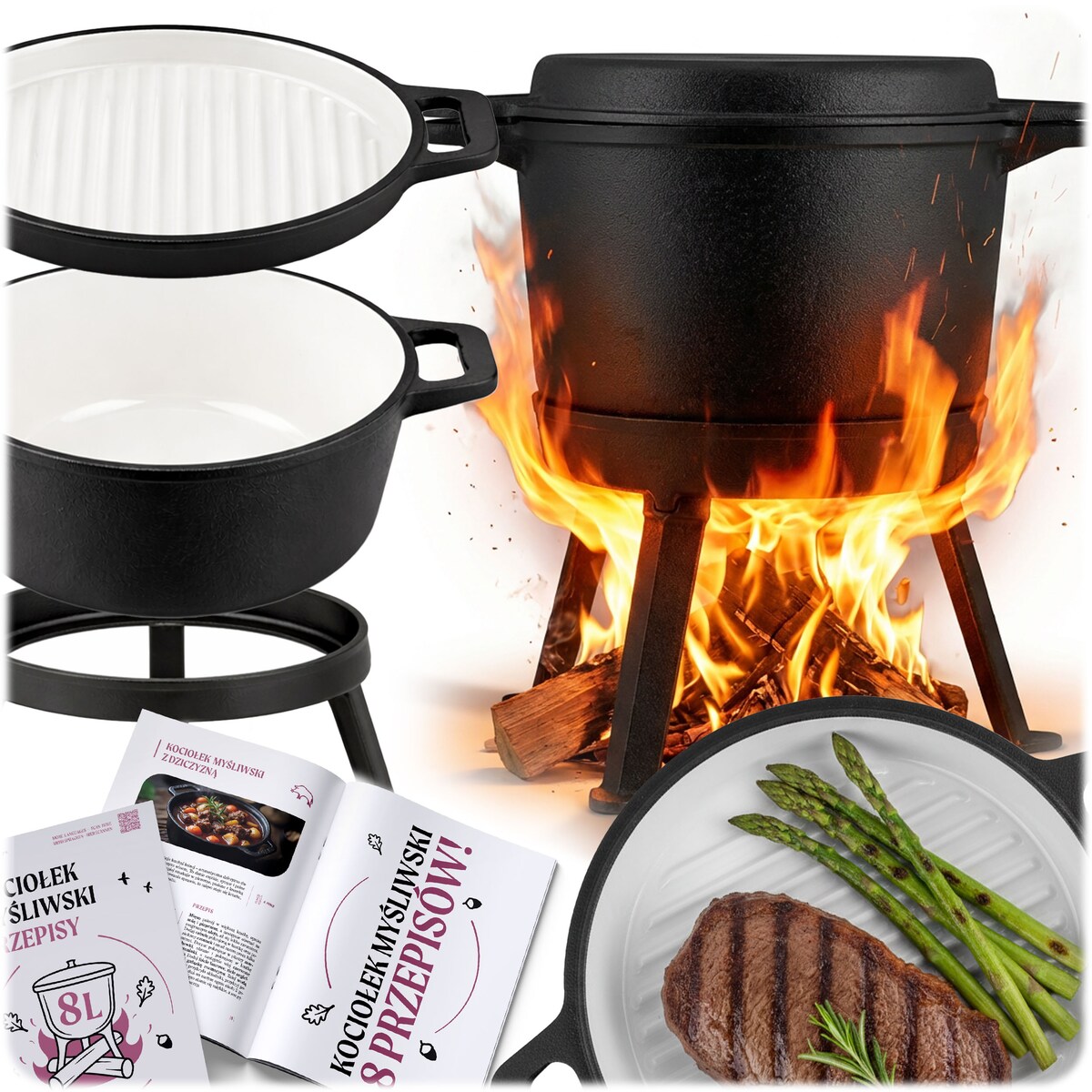 Kociołek żeliwny emaliowany Berdsen BD-480 garnek 8L stojący + patelnia grill + przepisy
