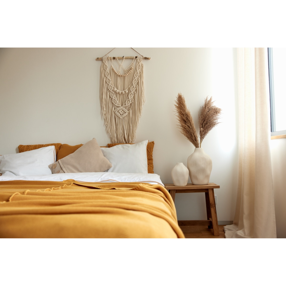 Pościel biała lamówka musztardowa, 200 x 200 cm, La Manta