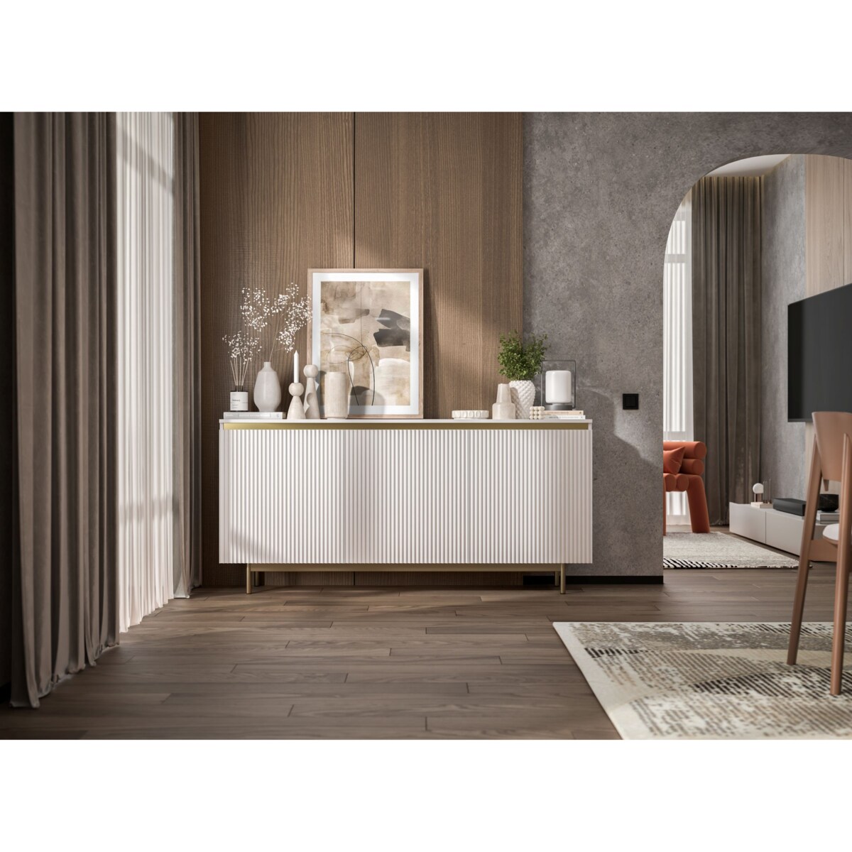 Komoda RTV Glamour 167 cm biała matowa ryflowane fronty złota rama