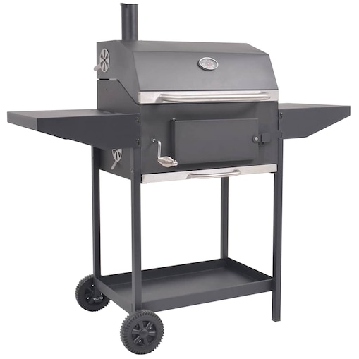 vidaXL Grill węglowy z wędzarnią i dolną półką, czarny