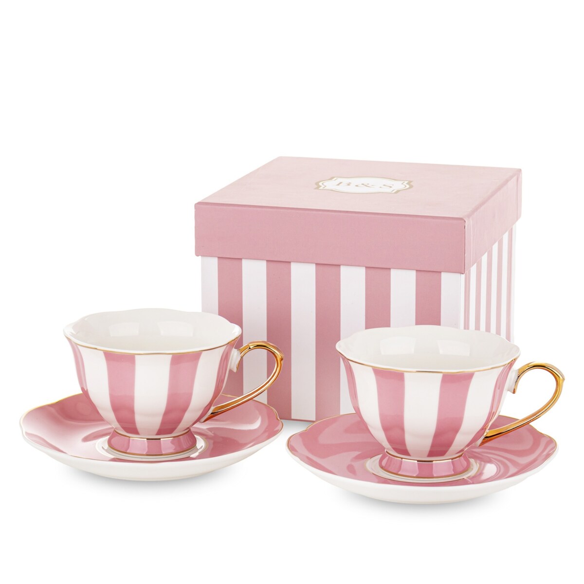 Filiżanki porcelanowe ze spodkami w pudełku 220 ml BETTY- różowe paski jednolite
