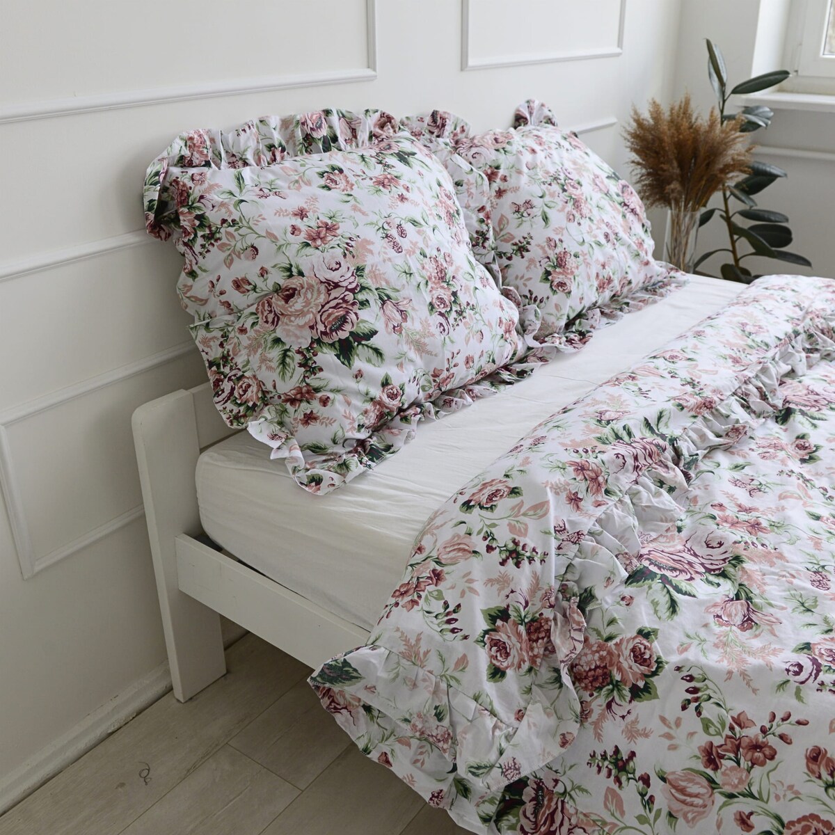 Poszewka Pościel Na Kołdrę Z Ozdobną Falbanką Retro Kwiaty 140X200 Cm