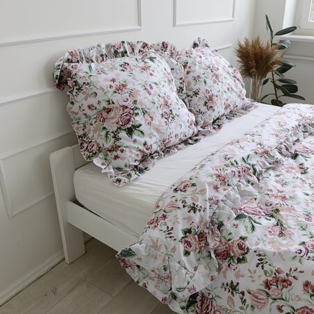 Poszewka Pościel Na Kołdrę Z Ozdobną Falbanką Retro Kwiaty 140X200 Cm