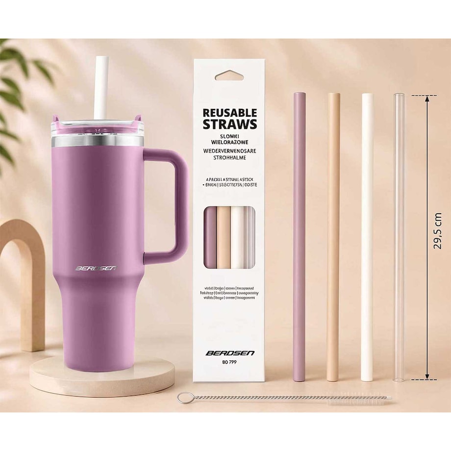 Kubek termiczny Berdsen różowy 1180ml stal nierdzewna zimne ciepłe napoje + zestaw słomek