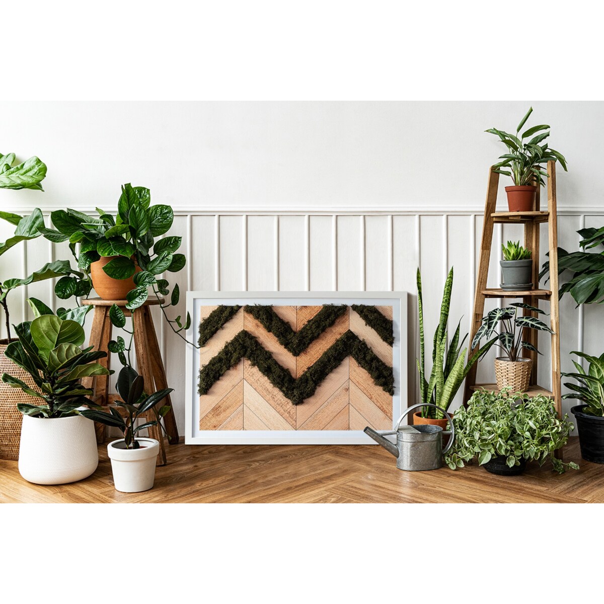 Obraz Deski w jodełkę - mech chrobotek w białej ramie 60x40cm