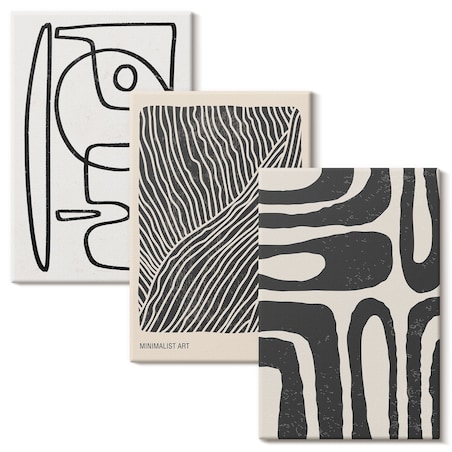 Zestaw 3 dużych obrazów na płótnie - Abstrakcyjne wzory linie tekstury boho - czarno-biały
