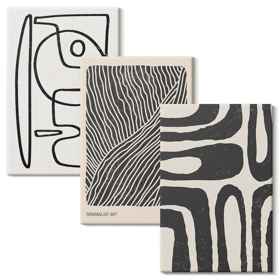 Zestaw 3 dużych obrazów na płótnie - Abstrakcyjne wzory linie tekstury boho - czarno-biały