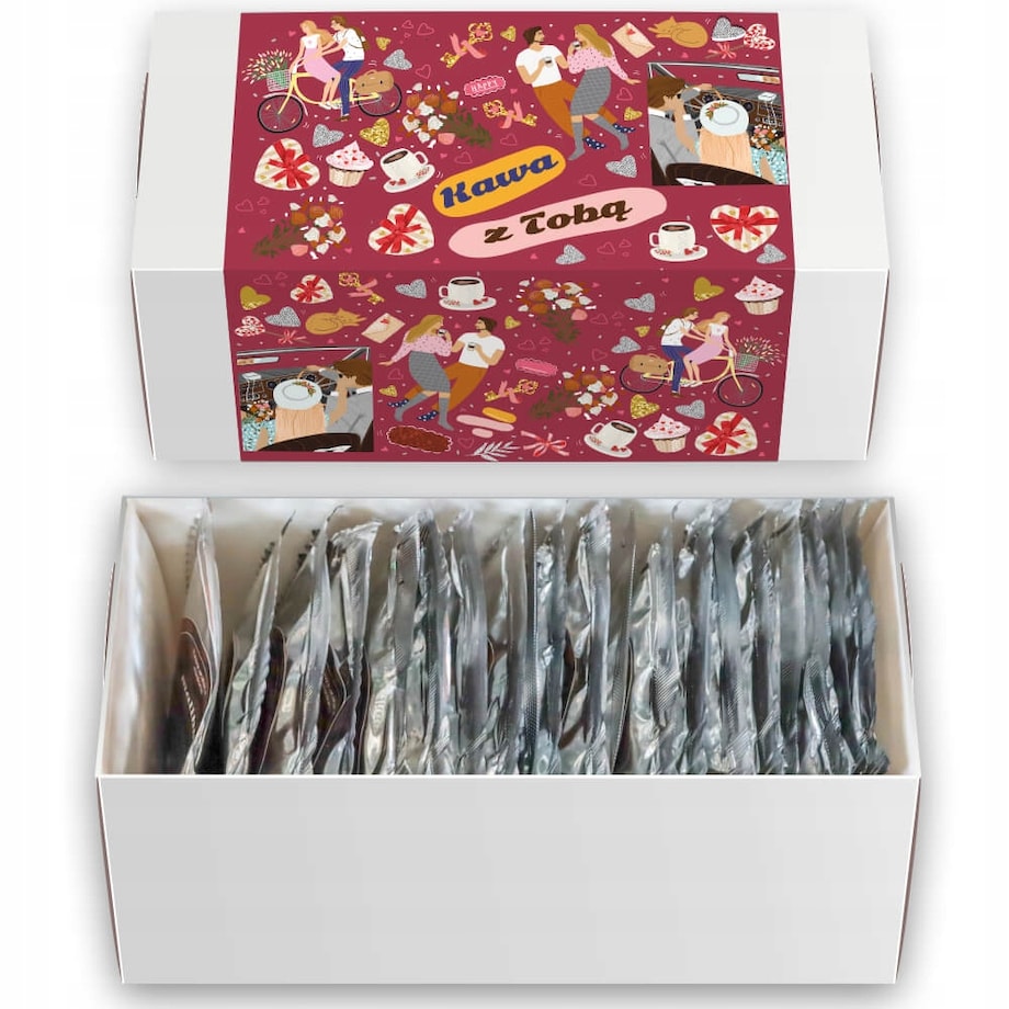 Zestaw prezentowy upominkowy "KAWA Z TOBĄ" - 20 smaków kaw deserowych premium - prezent upominek na walentynki dla chłopaka dziewczyny niej niego żony męża kobiety faceta mężczyzny