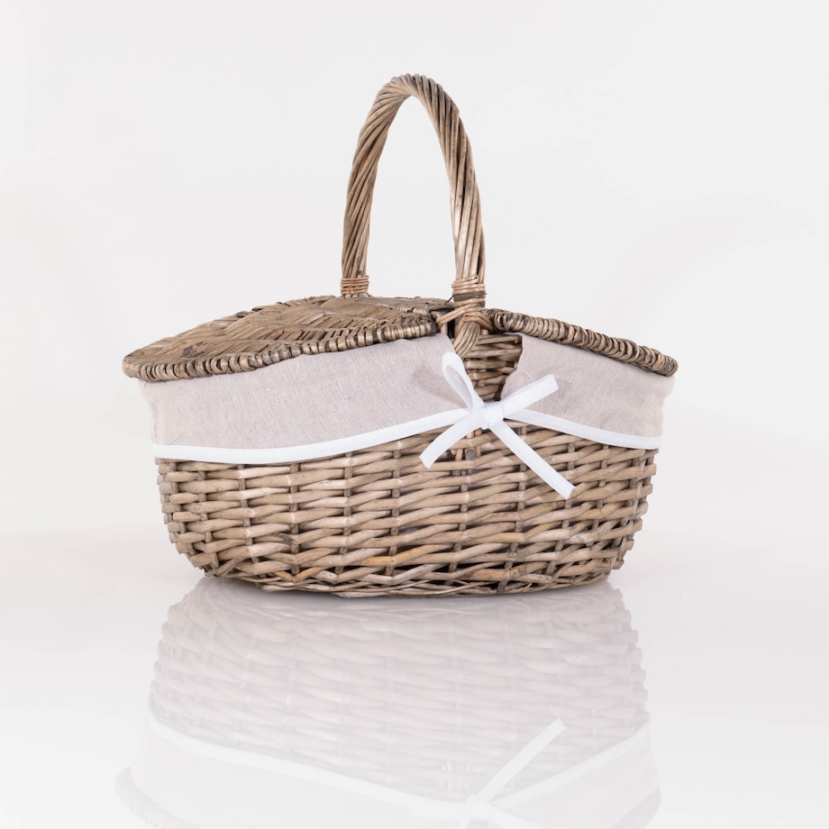 Wiklinowy koszyk piknikowy z pokrywką i materiałową wyściółką, 40 x 28 cm