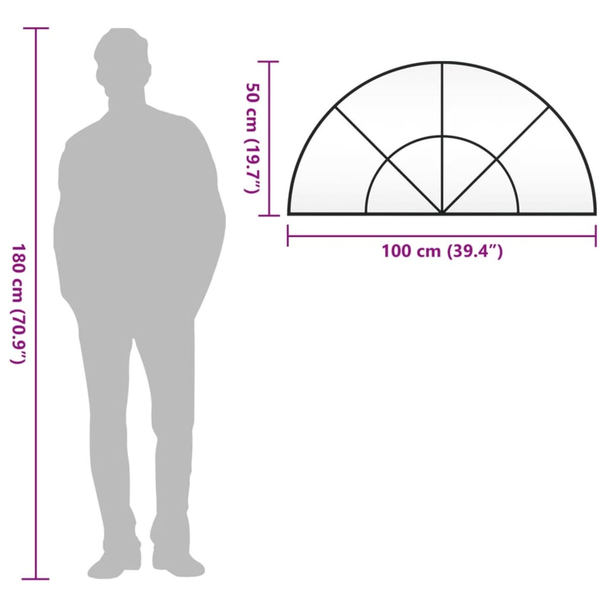 vidaXL Lustro ścienne, czarne, 100x50 cm, zakończone łukiem, żelazo