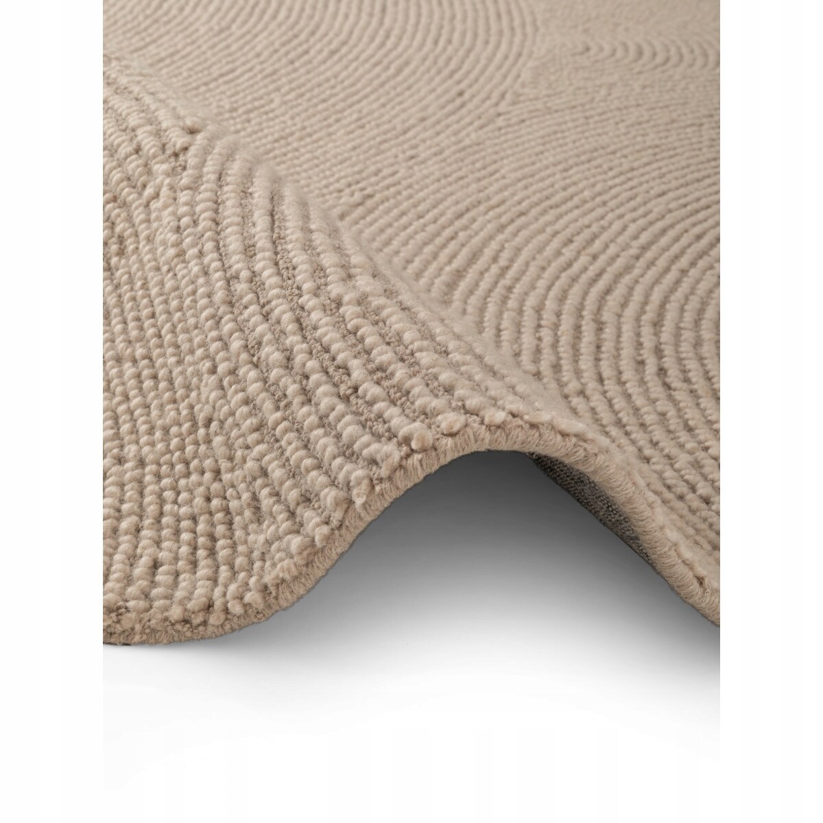 Dywan okrągły wełniany do salonu 120cm, beżowy wzór w półkola, efekt 3d