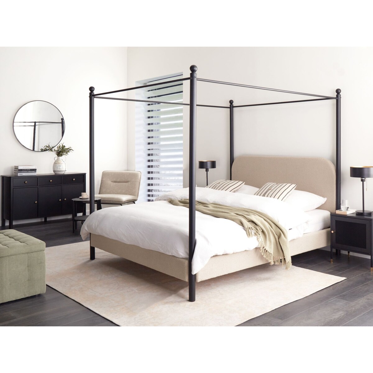 Łóżko z baldachimem Boucle DANNEMOIS 160 x 200 cm Beżowoszary