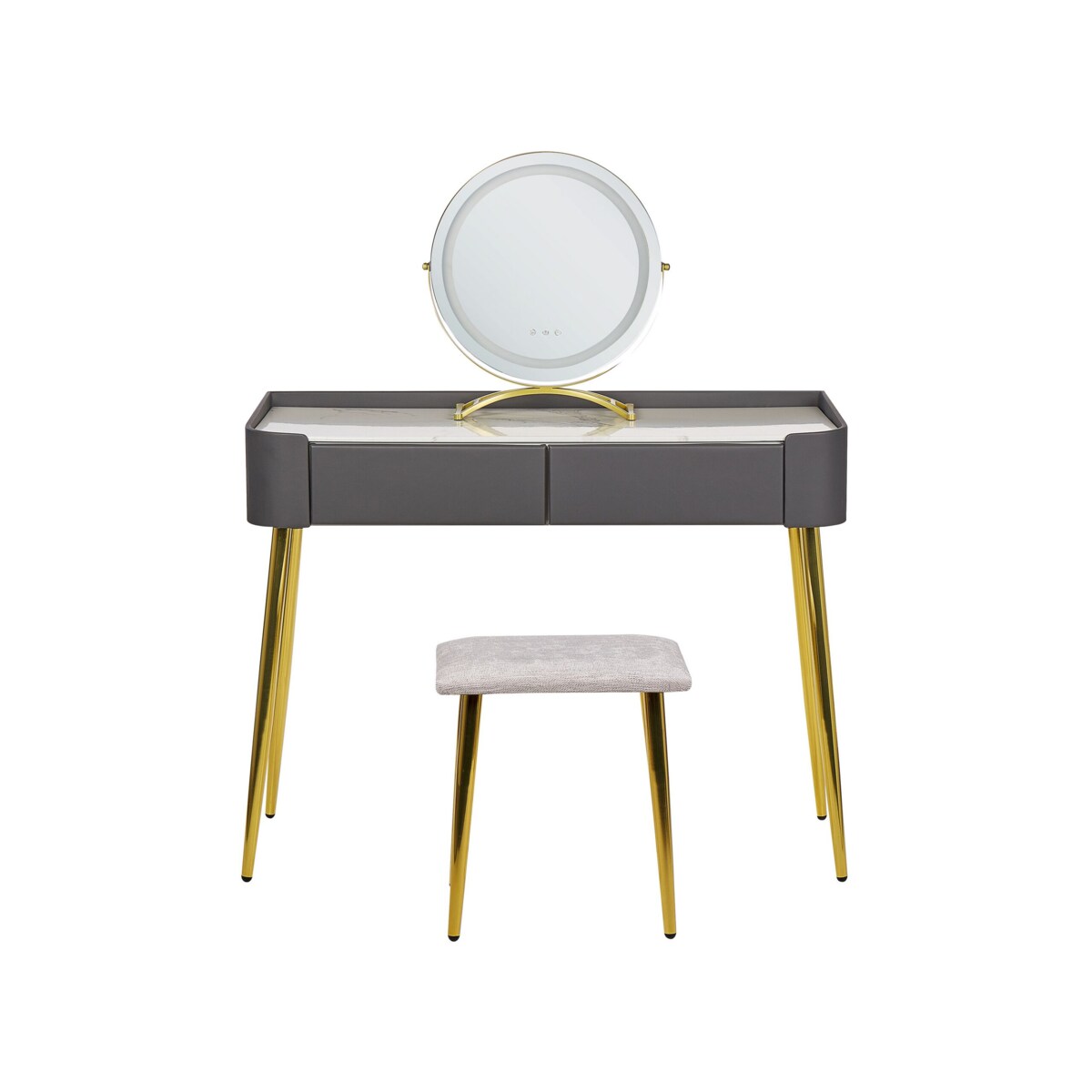 Toaletka 2 szuflady lustro LED ze stołkiem szaro-złota SURIN