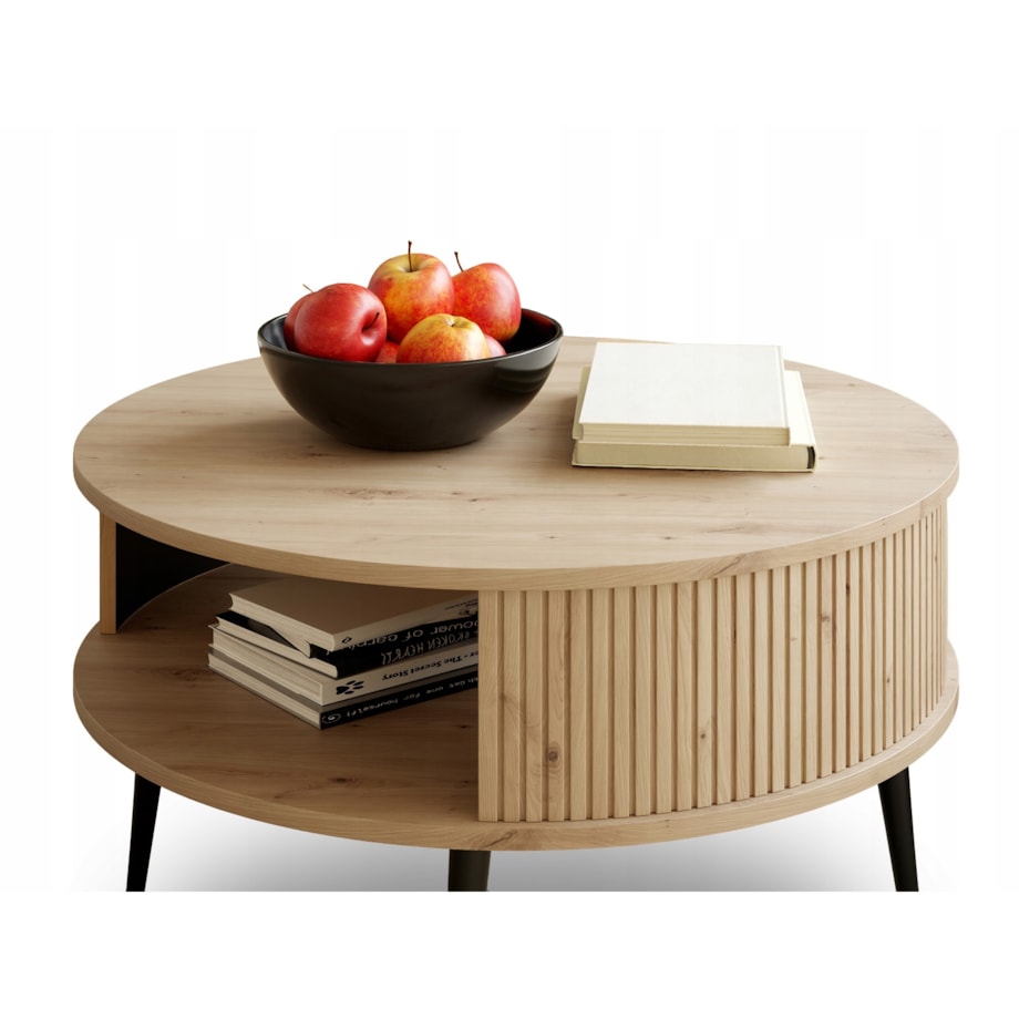 Nowoczesny Stolik Kawowy Lamele DĄB ARTISAN Ø 76 cm VERLO + Czarne Nogi