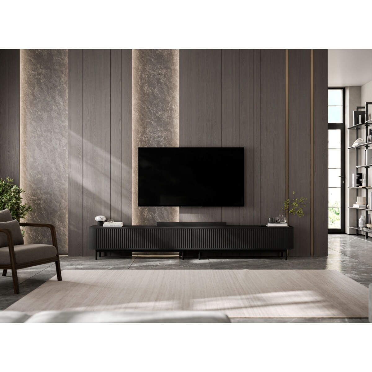 Szafka RTV Komoda RTV 280 cm Glamour Czarny Mat Czarny Stelaż