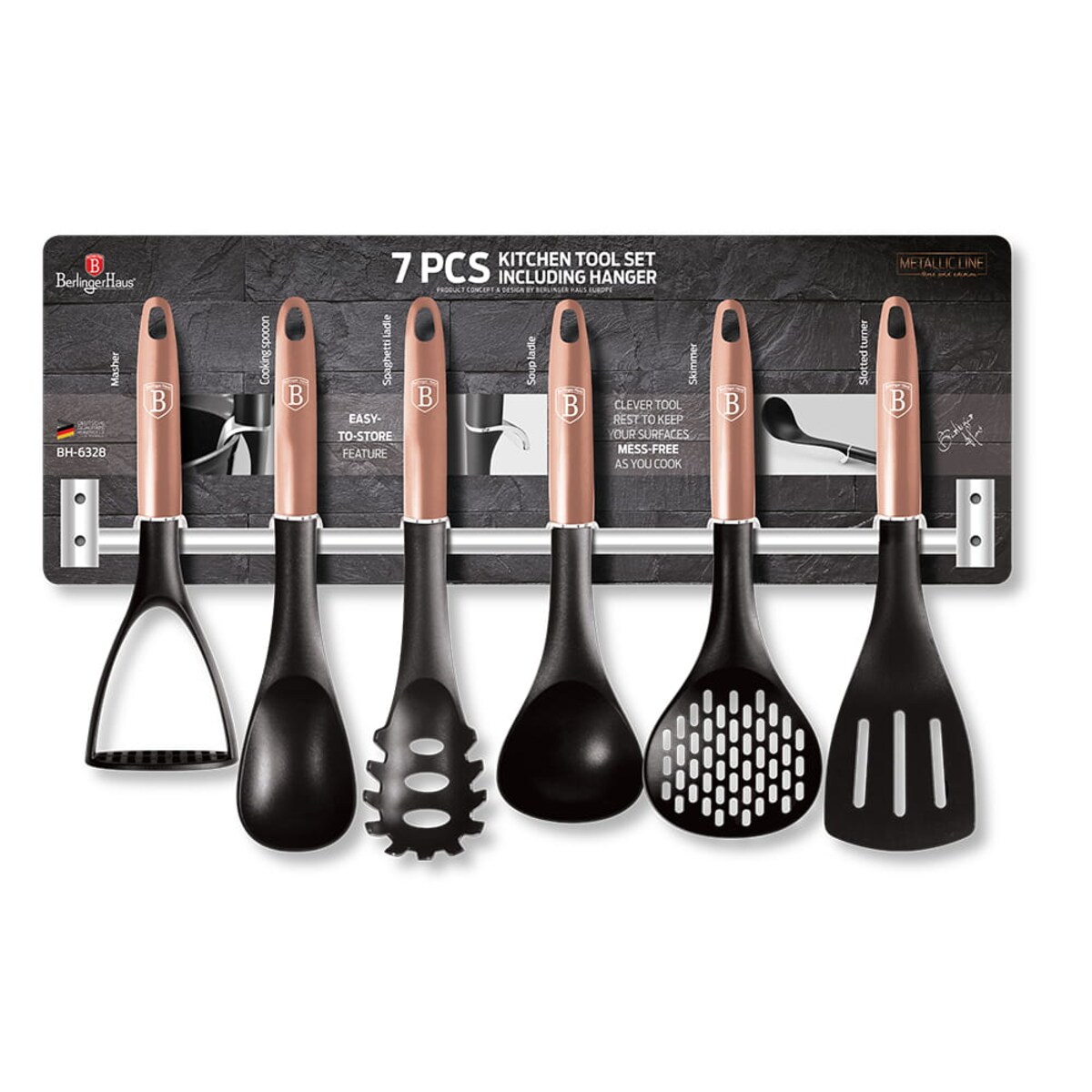Zestaw przyborów kuchennych z relingiem 7 elementów BERLINGER HAUS Rosegold