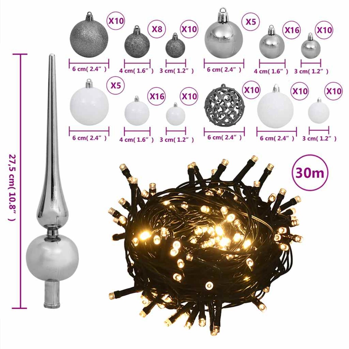 vidaXL 120-cz. zestaw bombek na choinkę ze szpicem 300 LED biało-szary
