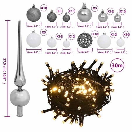 vidaXL 120-cz. zestaw bombek na choinkę ze szpicem 300 LED biało-szary
