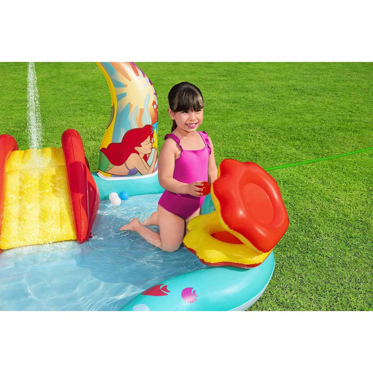 Dmuchany plac zabaw wodny Bestway 91097 Syrenka Disney zjeżdżalnia 211x206x127 cm