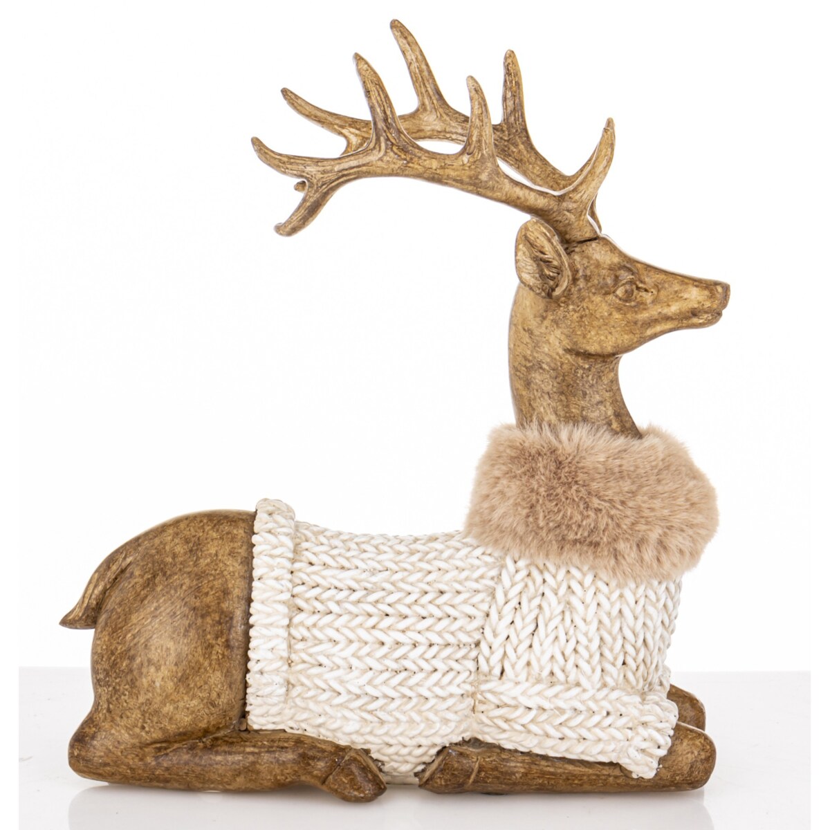 Figurka - leżący jeleń 20x17x8 cm HJORT brązowy w białym swetrze