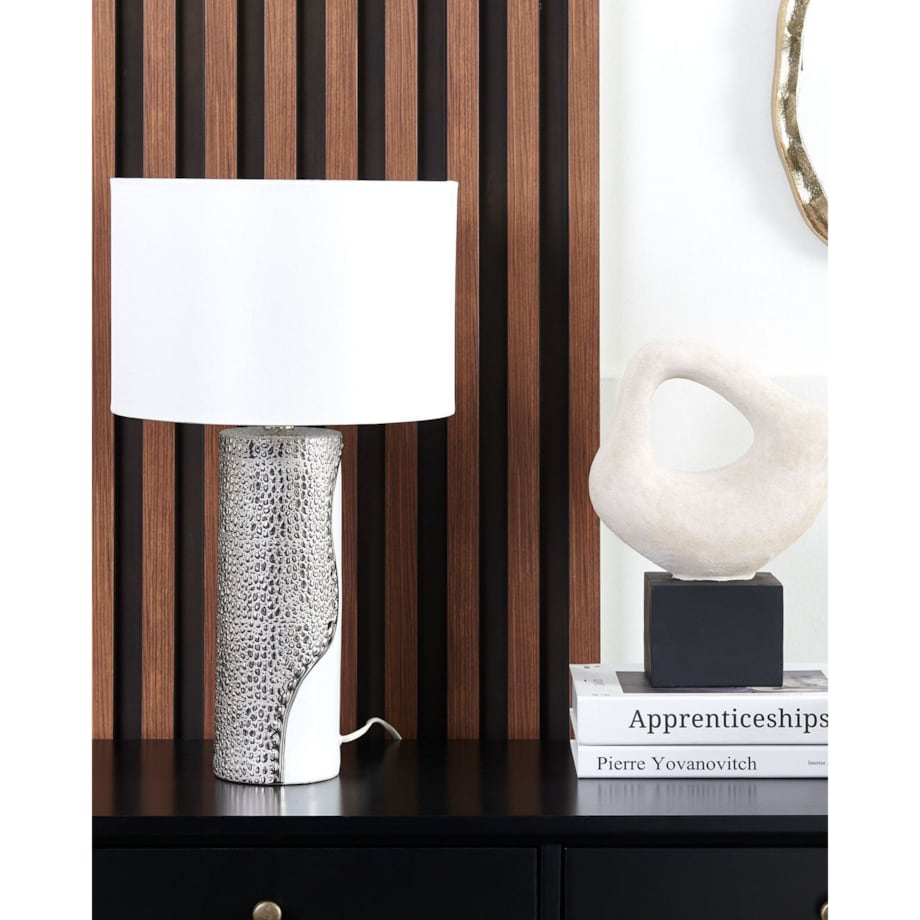 Lampka nocna porcelanowa biało-srebrna AIKEN