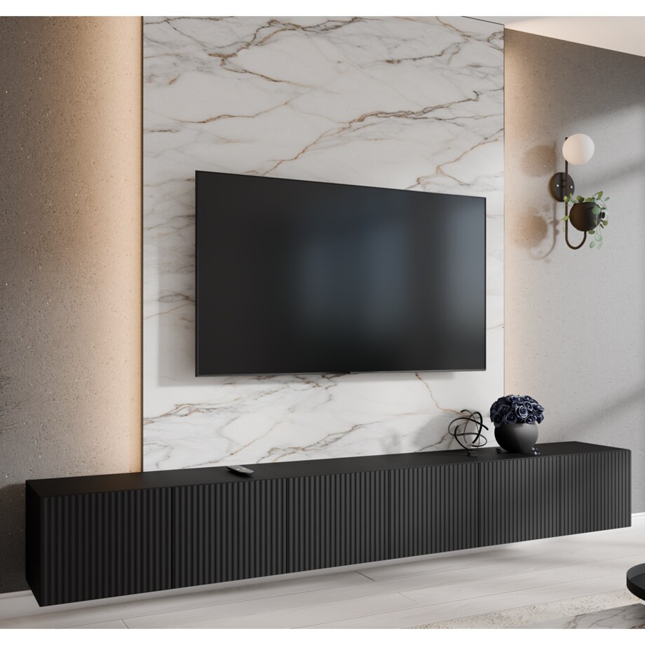 Szafka RTV NOELI 300 cm zamknięta do salonu, ryflowana- czarna