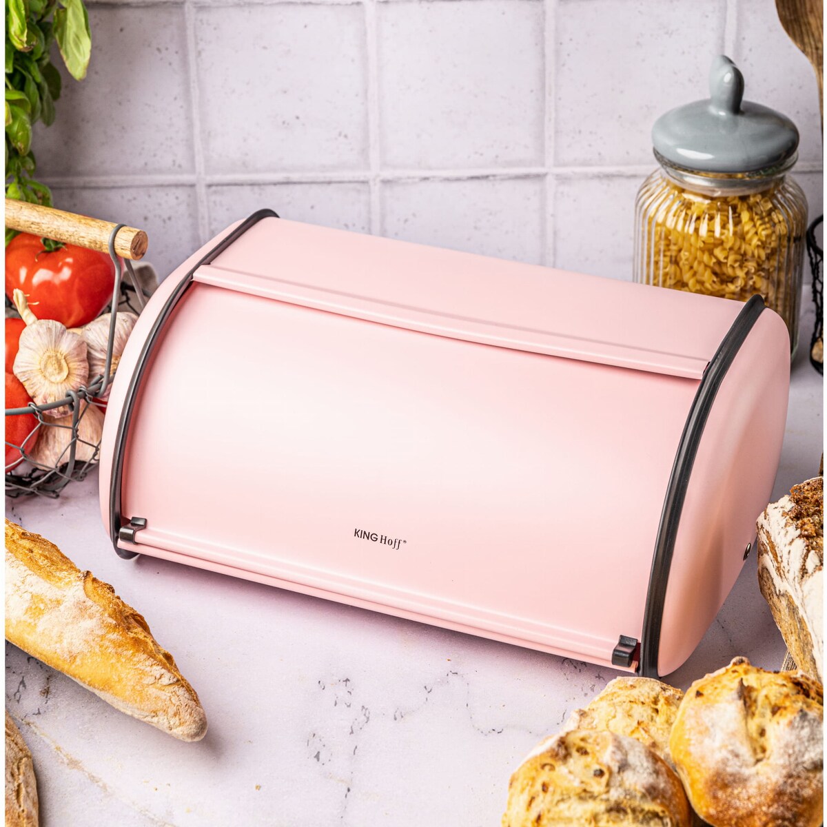 Chlebak stalowy duży 44cm różowy matowy pojemnik na chleb pieczywo bułki KINGHOFF