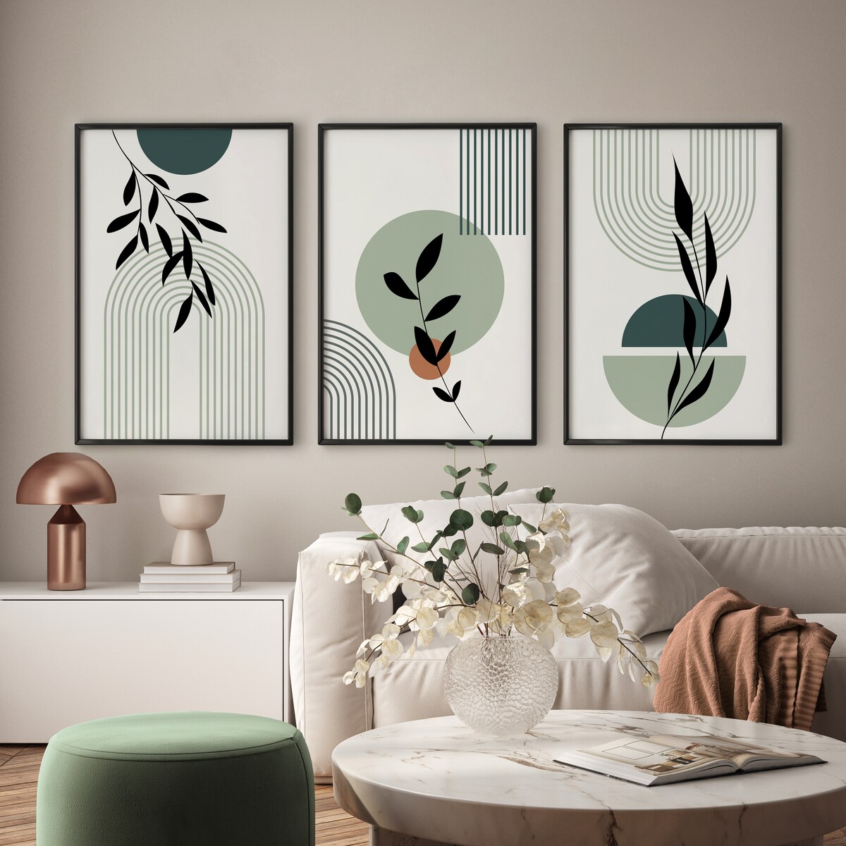 ZESTAW 3X PLAKAT W RAMIE DO SALONU STYL BOHO ŁUKI LIŚCIE NATURA 60x80cm