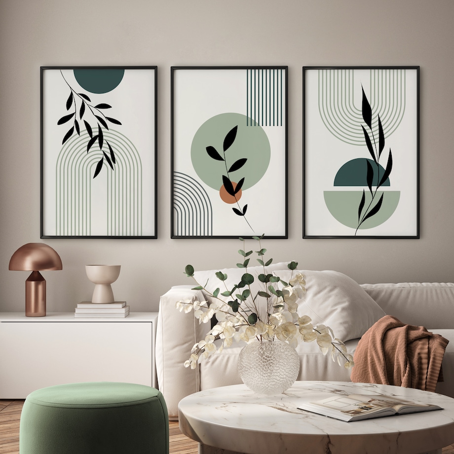 ZESTAW 3X PLAKAT W RAMIE DO SALONU STYL BOHO ŁUKI LIŚCIE NATURA 60x80cm