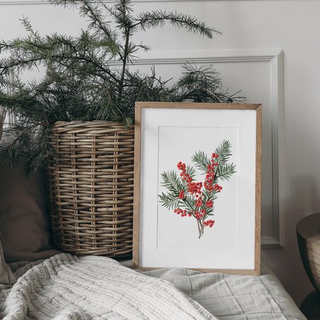 Plakat Gałązka sosny z ostrokrzewem 21x30cm