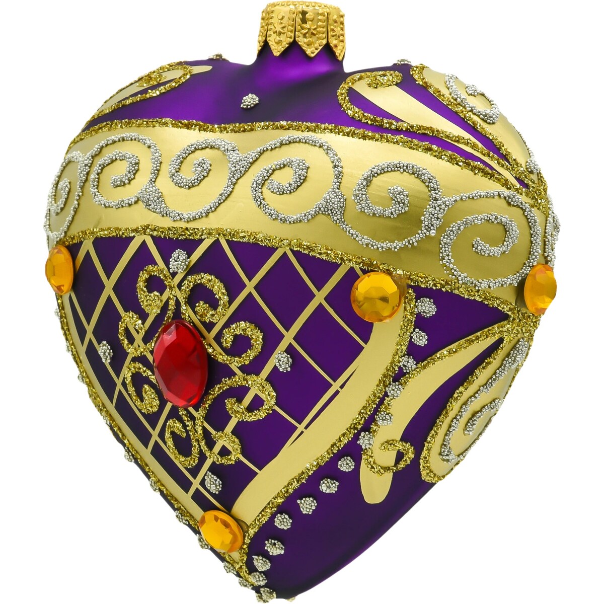 Bombka choinkowa: Serce ze złotymi zdobieniami i kamieniami: purpurowe