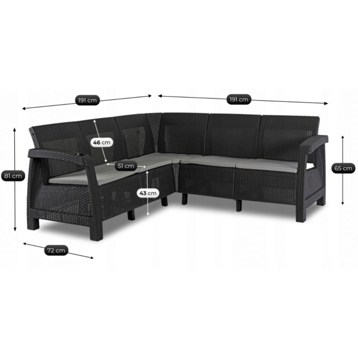 Narożnik Kanapa Rattanowa Ławka Ogrodowa Na Taras Ogród Czarna INDIANA