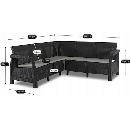 Narożnik Kanapa Rattanowa Ławka Ogrodowa Na Taras Ogród Czarna INDIANA