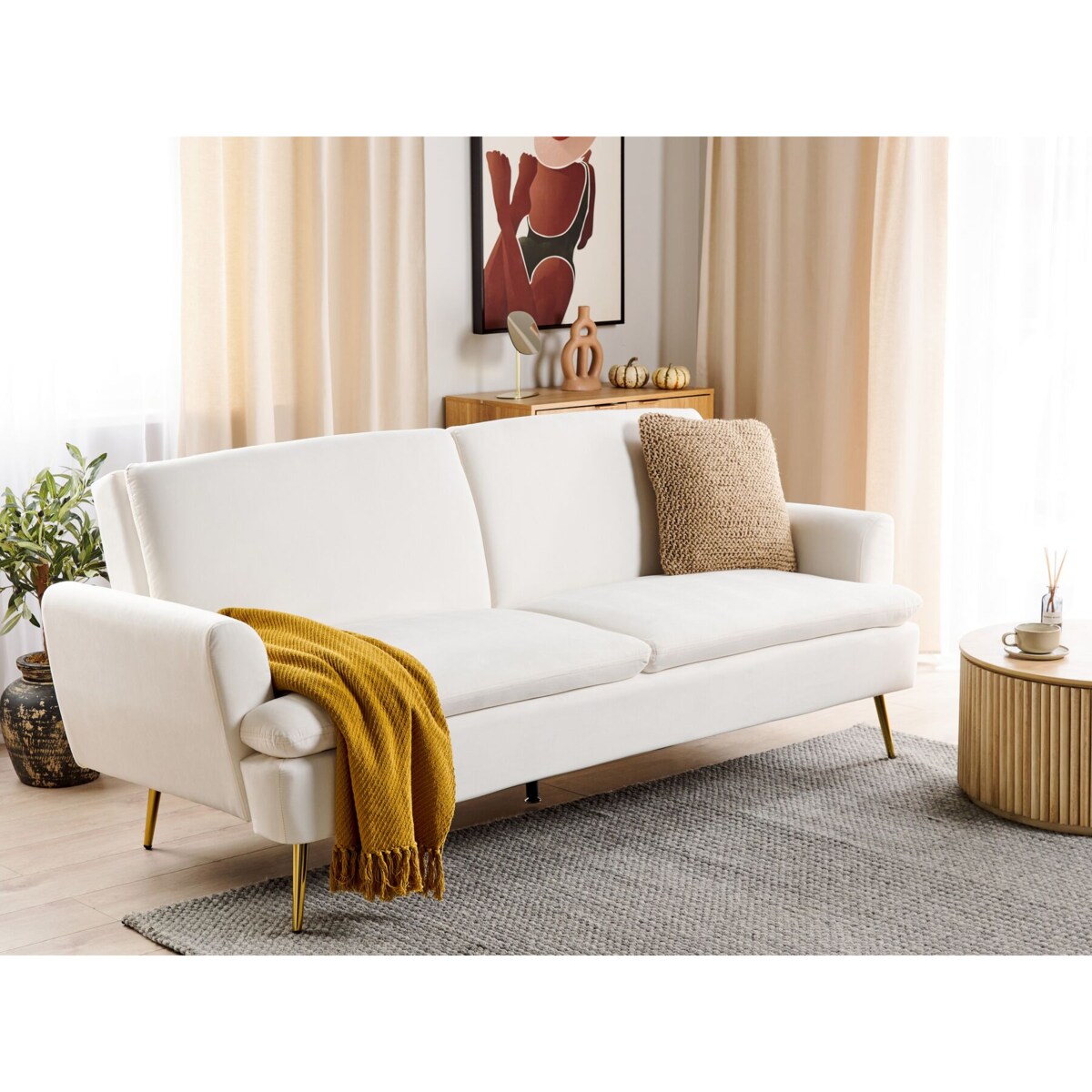 Sofa rozkładana welurowa złamana biel VETTRE