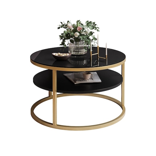 Stolik kawowy CIRI SLIM z półką złoty czarne szkło