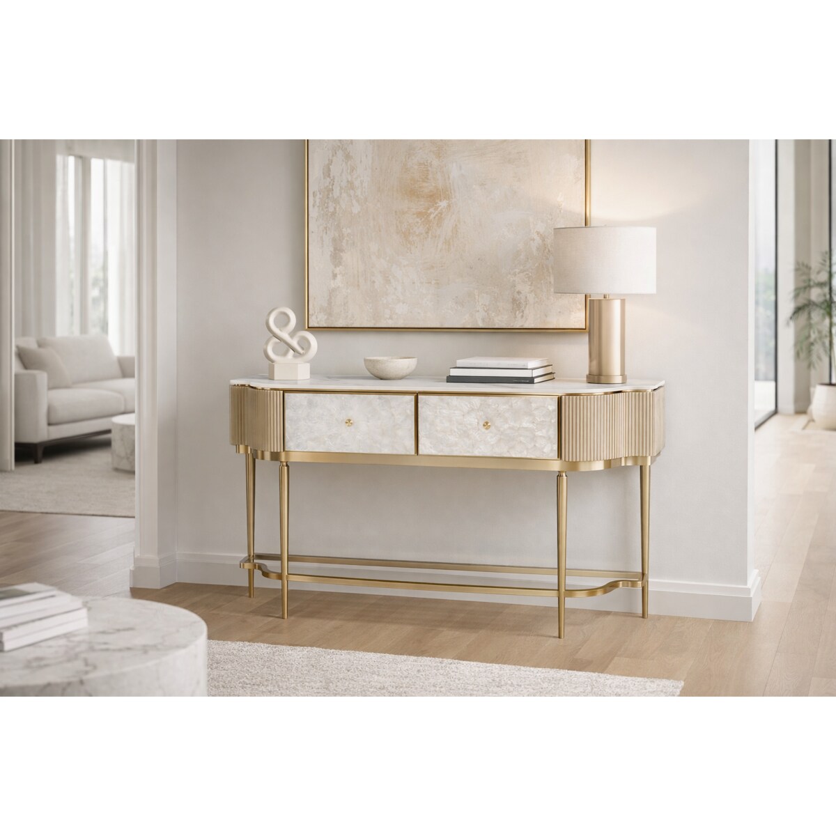 Złota konsola glamour Champion z prawdziwymi muszlami 140x35x86