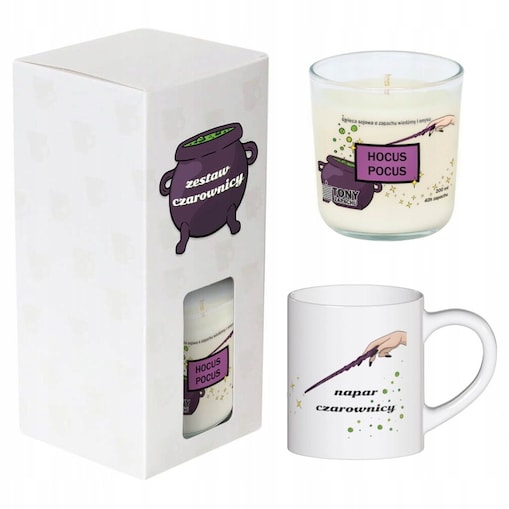 Zestaw Czarownicy -pakiet stworzony z myślą o pasjonatach magii, w zestawie świeca sojowa Hocus Pocus i piękny kolorowy kubek ceramiczny Napar Czarownicy