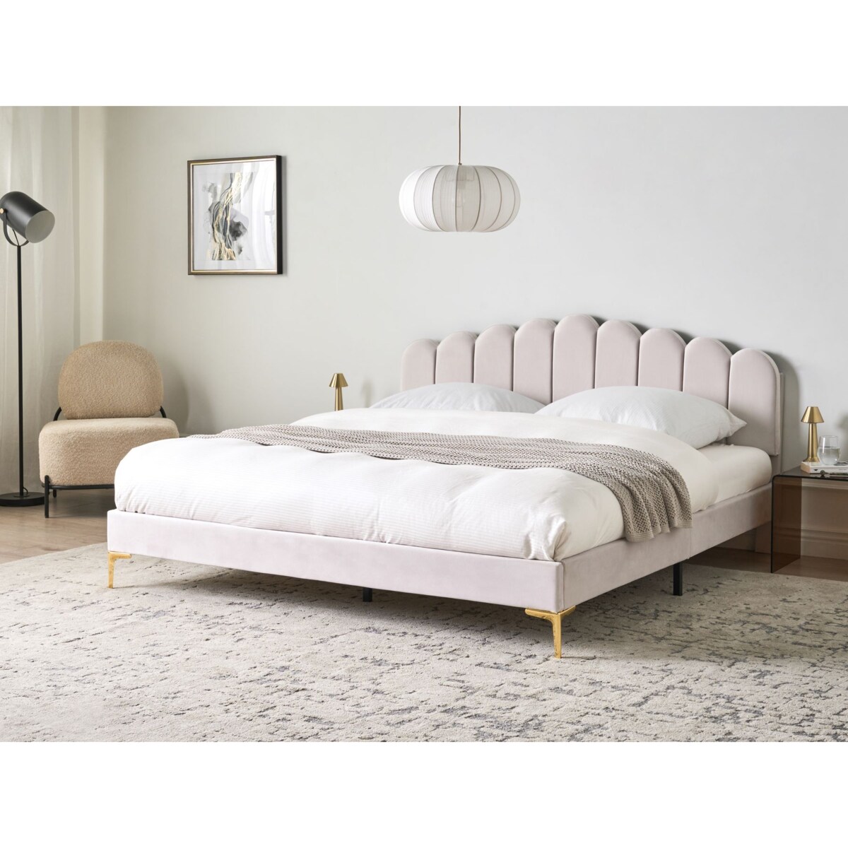 Łóżko Welur SAUVIAN 180 x 200 cm Złamana biel