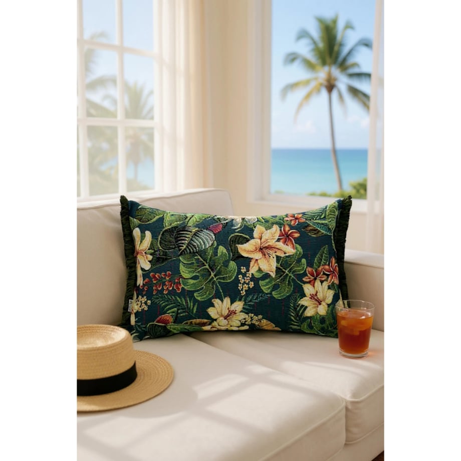 Zielona poduszka dekoracyjna w kwiaty lotosu 50x30