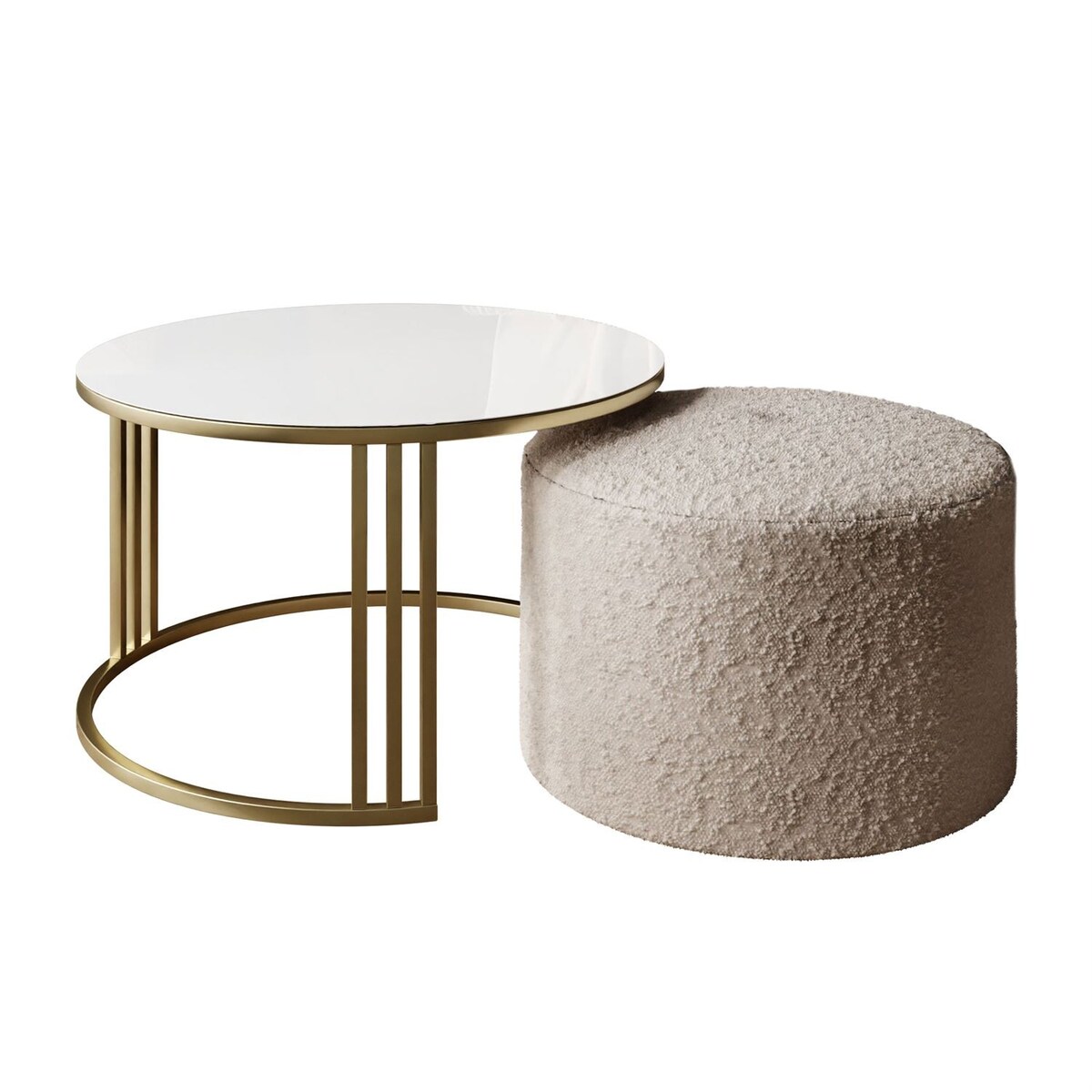 Stolik kawowy z pufą LORI GLASS złoto szczotkowane, białe szkło / Coral 50