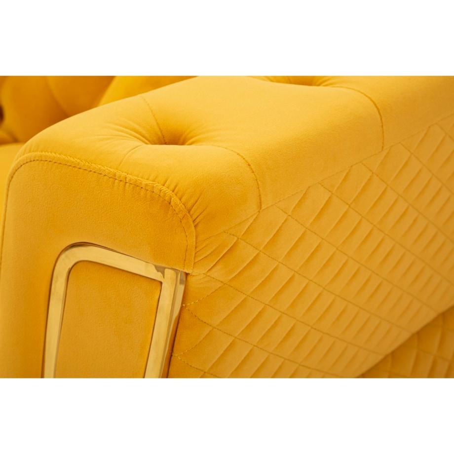 Sofa Emy, kolor musztardowy i złoty, poliester, drewno eukaliptusowe, drewno sosnowe, sklejka i metal, 162 x 83 x 76 cm, do salonu, Mauro Ferretti