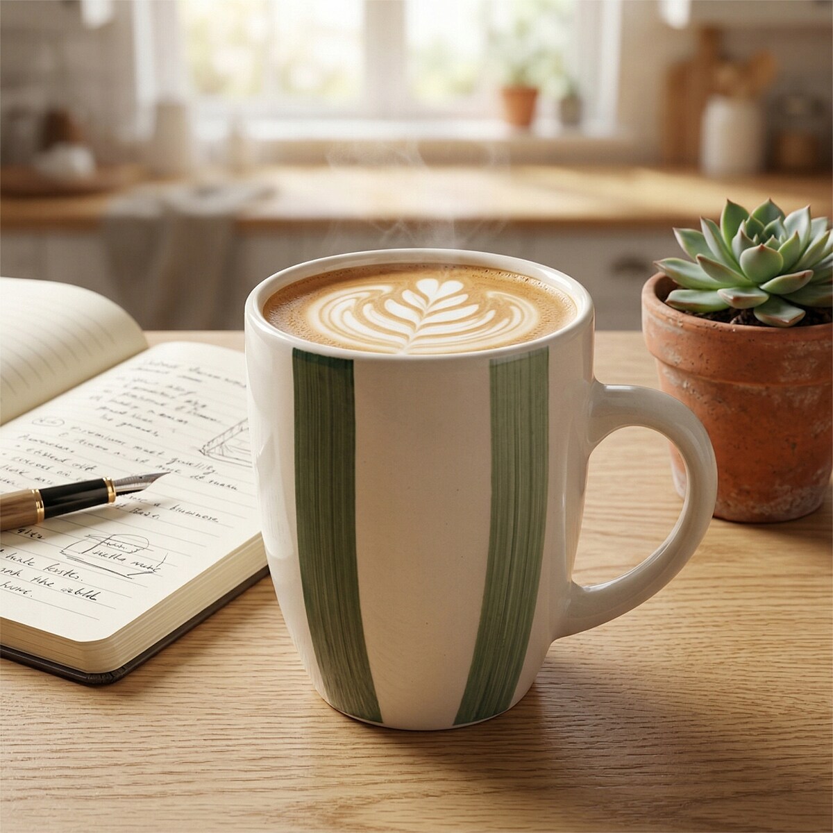 KUBEK CERAMICZNY 350ml BEŻOWY ZIELONY DO KAWY HERBATY Z UCHWYTEM NA KAWĘ