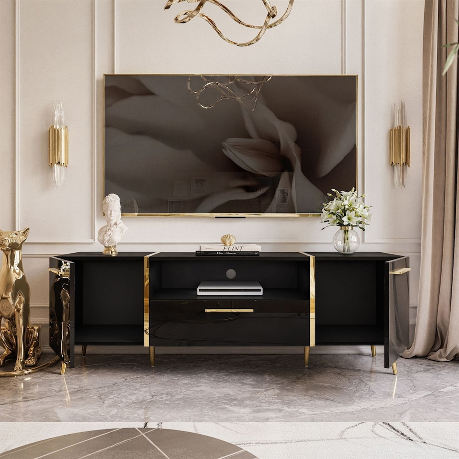Szafka RTV ONYX na złotych nóżkach wysoki połysk 158 cm, carny połysk, złote uchwyty