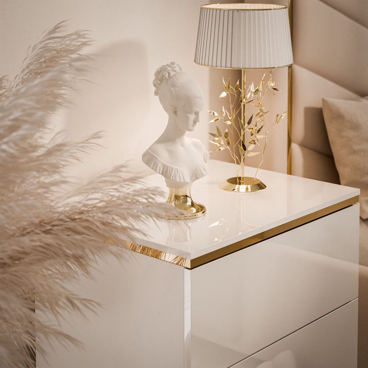 Stolik nocny AURORA II biały połysk nogi skośne LED