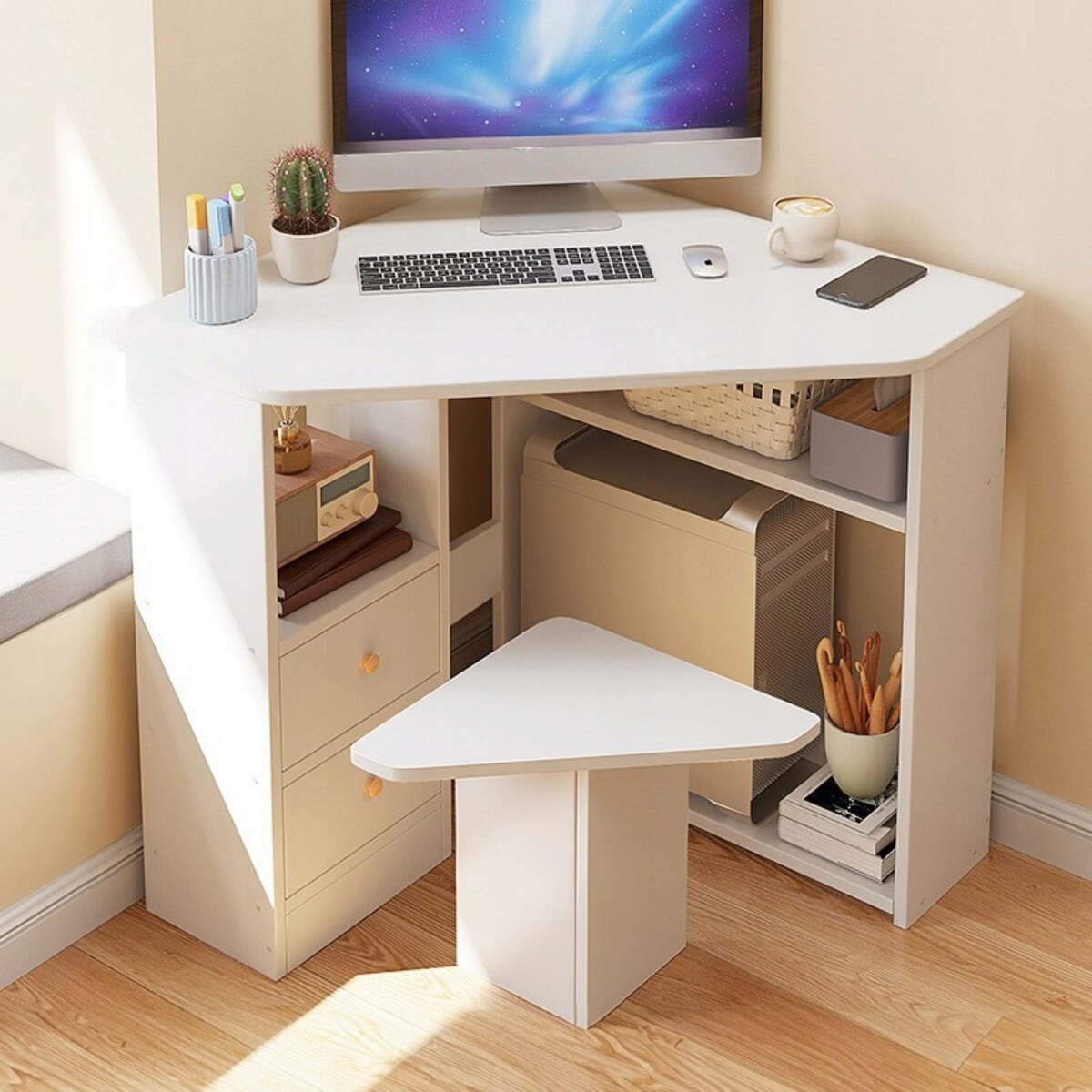 Biurko narożne trójkątne komputerowe z półkami nowoczesne białe loft 80x75