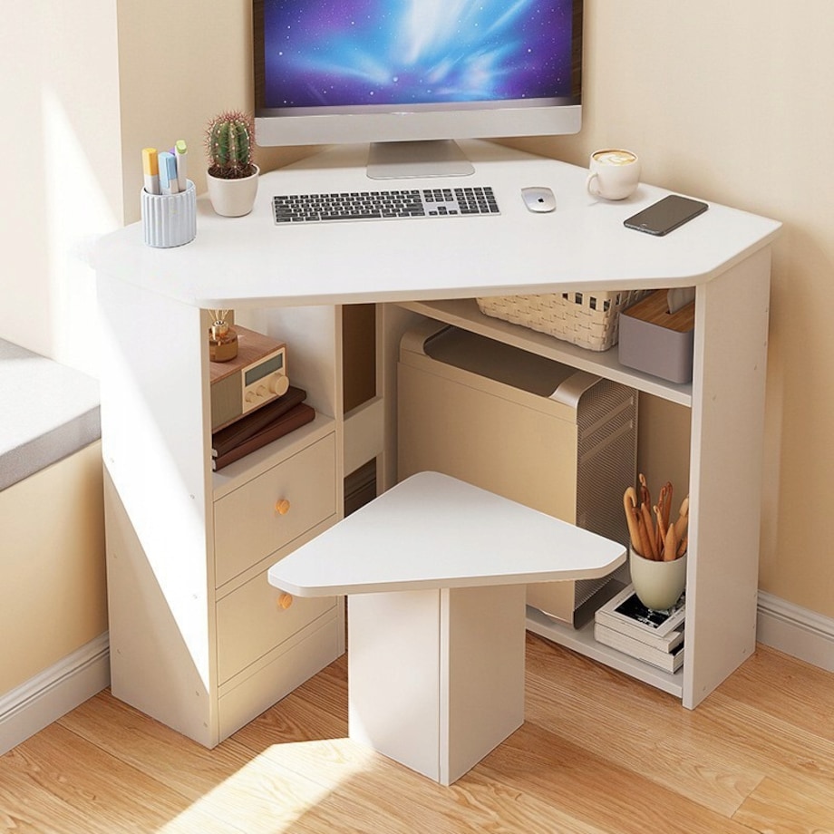 Biurko narożne trójkątne komputerowe z półkami nowoczesne białe loft 80x75