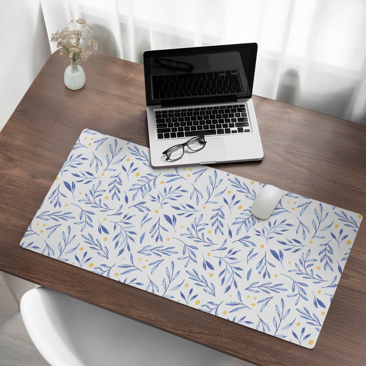 Niebieska mata na biurko Liście akwarelowe, 100x50 cm