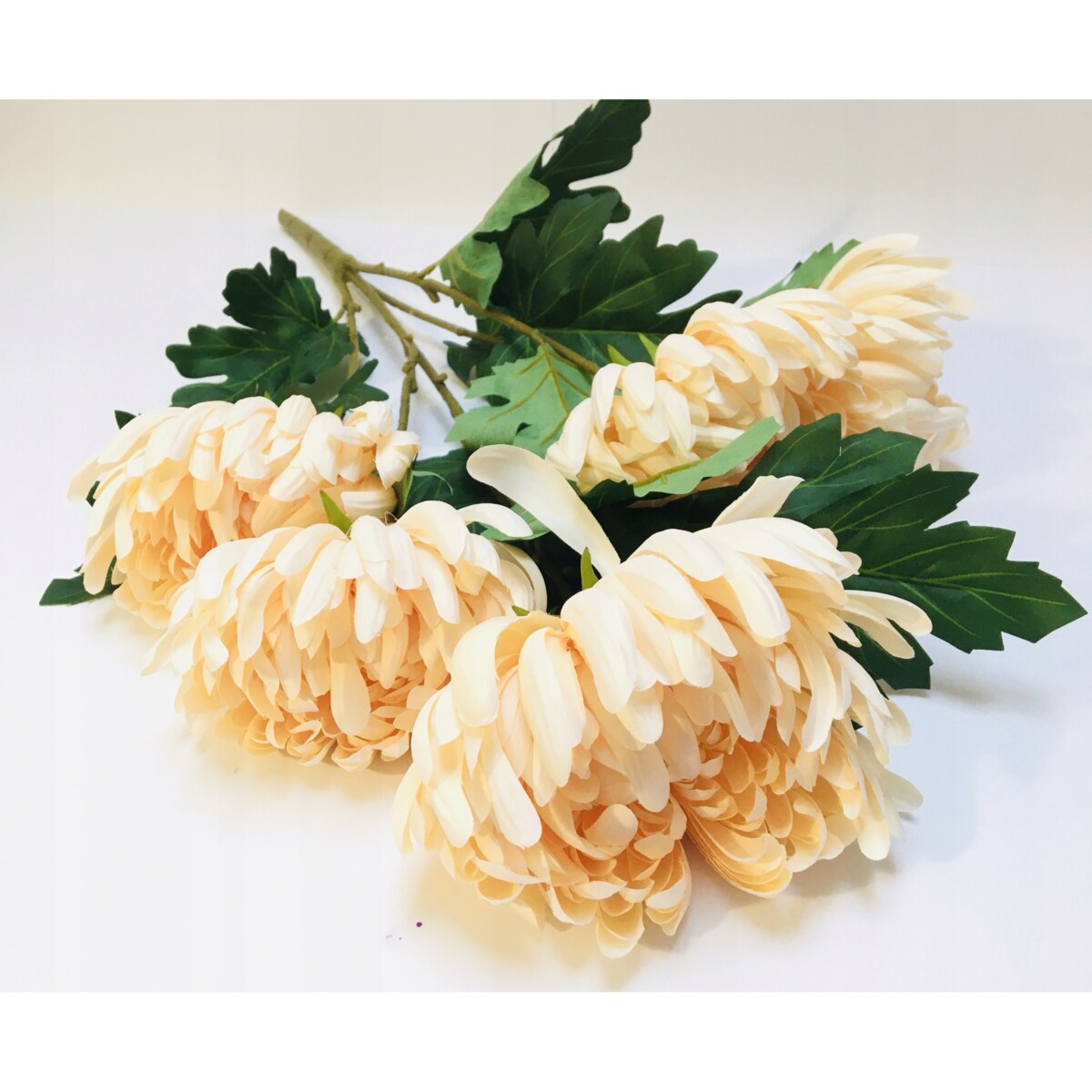 BUKIET DUŻY chryzantemy sztuczne kremowe LIŚCIE do flakonu na cmentarz grób