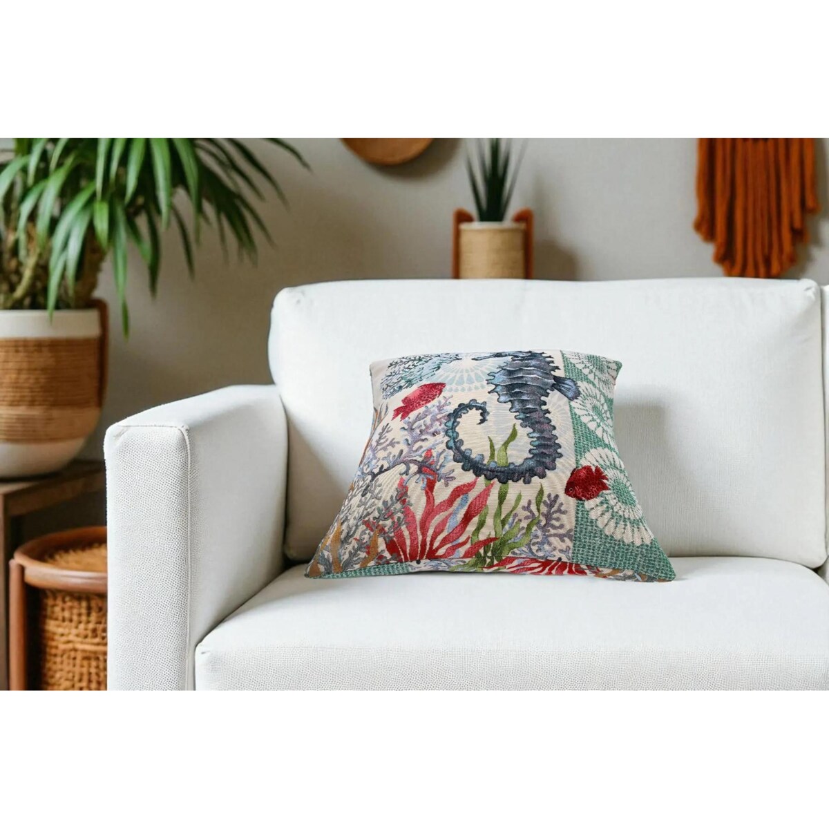 Dwustronna poduszka gobelinowa z konikiem morskim 45x45 Morskie Opowieści - seledyn