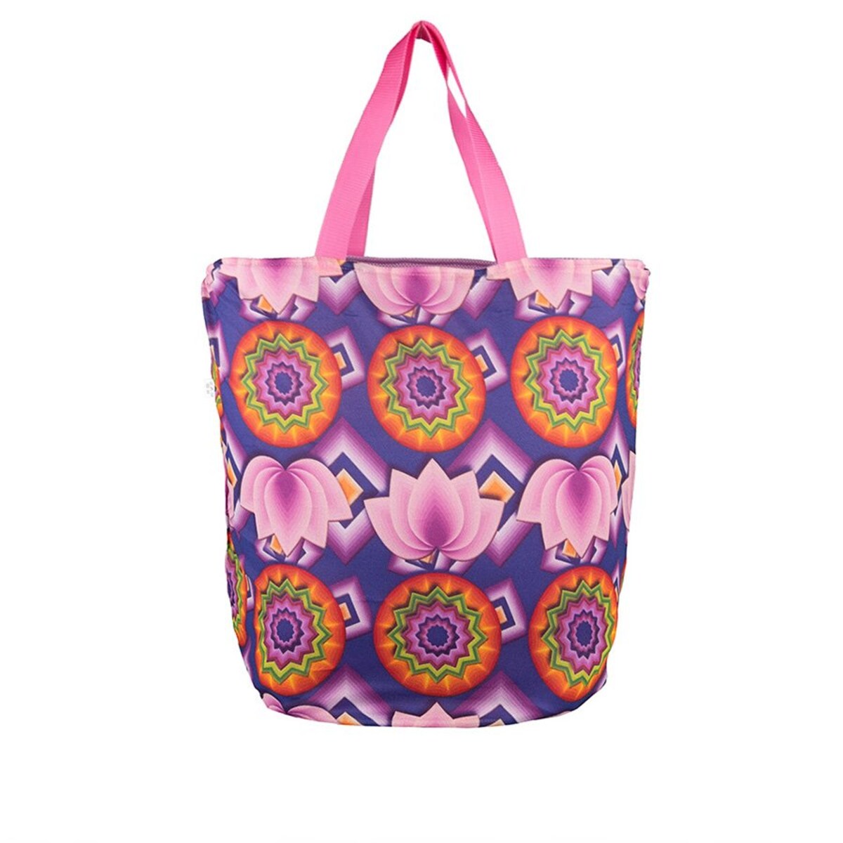 Torba na zakupy z okrągłym spodem, 58x48 różowa ze środkiem fioletowy wzór